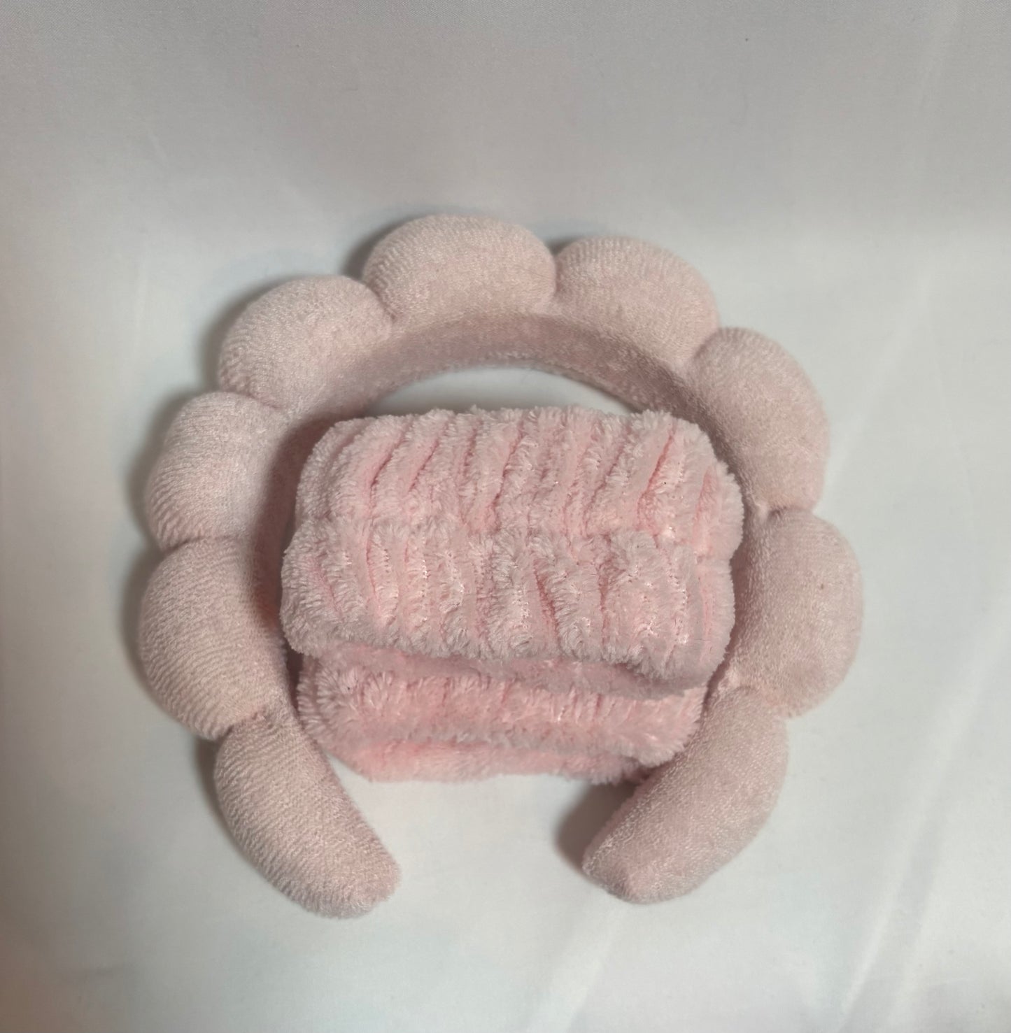 soft pink skincare headband and arm bands
