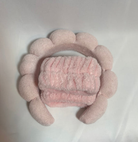 soft pink skincare headband and arm bands